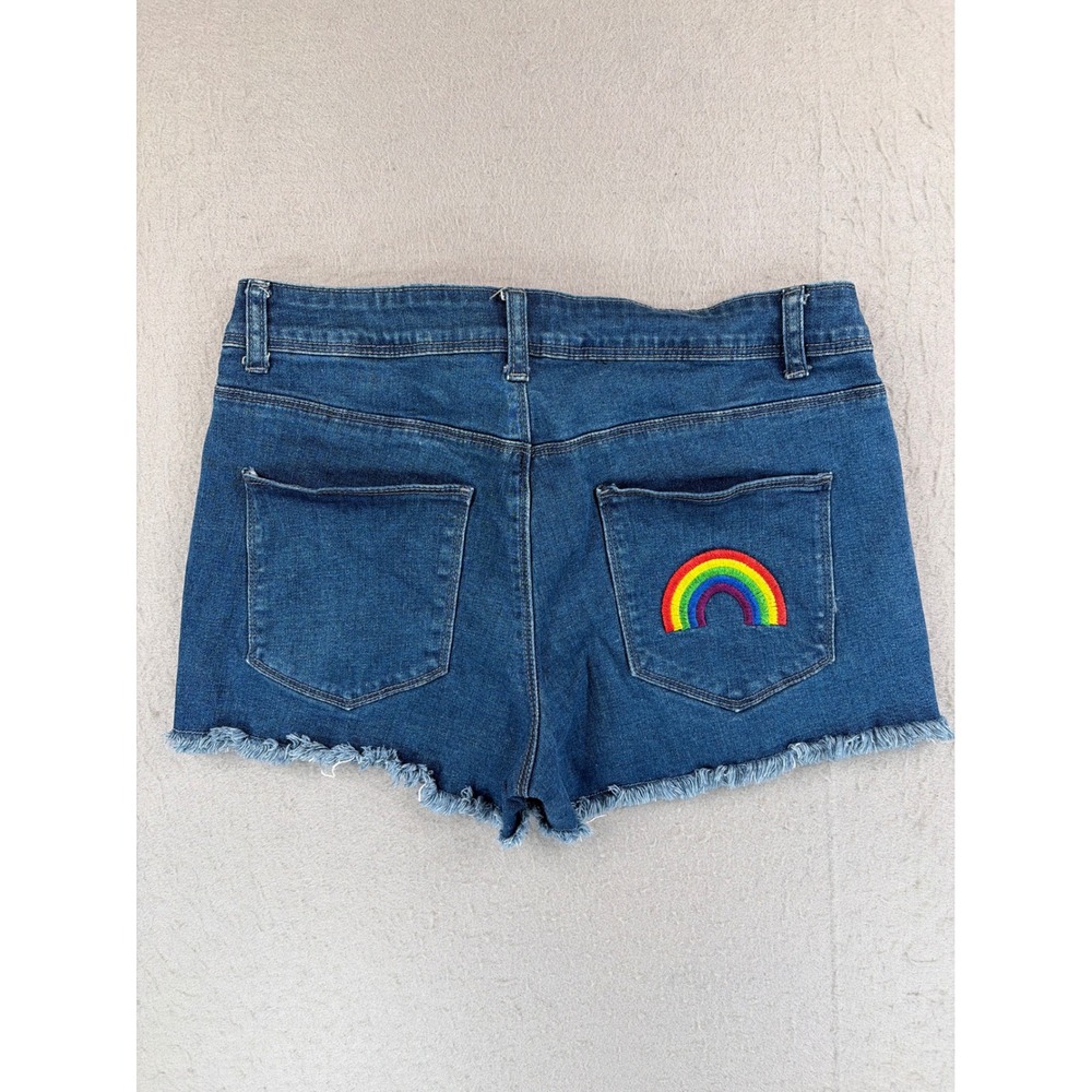 ModCloth Rainbow Embroidered Denim Cut Off Shorts Blue Medium Wash Womens Size M